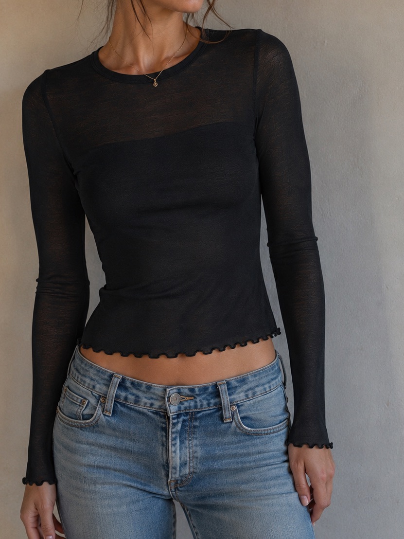 Out From Under Black Sheer Mesh Long Sleeve Lettuce Hem Top Women’s Xs Y2k